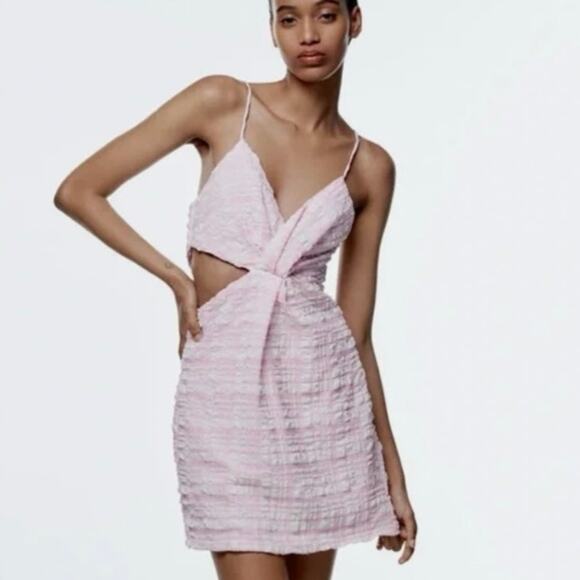 Zara Mini Dress Womens M Pink Plaid Sleeveless Cutout Y2K Seersucker Coquette - Picture 1 of 7